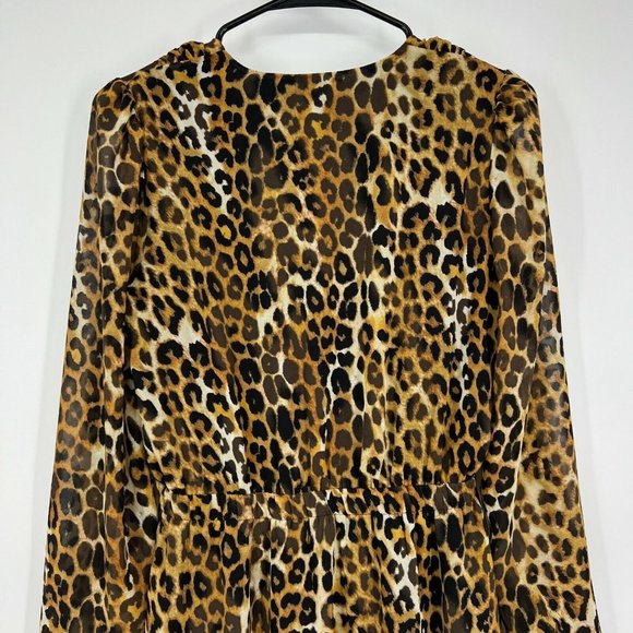 Express Dress Brown Black Leopard Print Long Sleeve Mini V Neck - Picture 10 of 11
